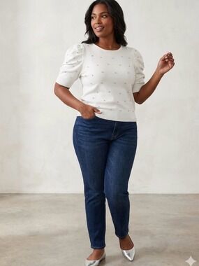 MainStrip White Rhinestone-Embellished Puff Short-Sleeve Top - Size S